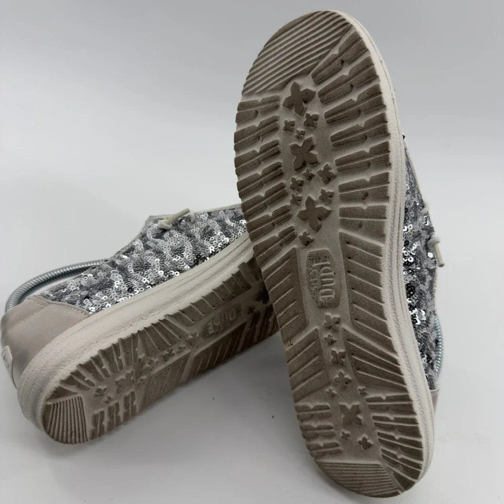 Hey Dude Wendy Sequin Cream Silver Sparkle Loafers Womens 7